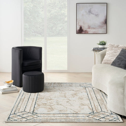 Glitz GLZ03 Modern Abstract Border Marble Distressed Metallic Shimmer Hi-Low Textured Soft-Touch Polyester Ivory/Taupe/Beige/Blue/Grey Rug