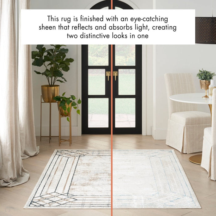 Glitz GLZ03 Modern Abstract Border Marble Distressed Metallic Shimmer Hi-Low Textured Soft-Touch Polyester Ivory/Taupe/Beige/Blue/Grey Rug