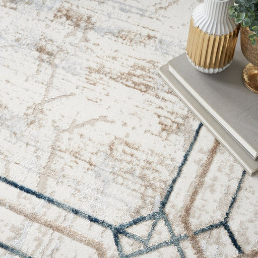 Glitz GLZ03 Modern Abstract Border Marble Distressed Metallic Shimmer Hi-Low Textured Soft-Touch Polyester Ivory/Taupe/Beige/Blue/Grey Runner