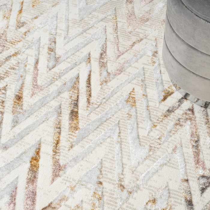 Glitz GLZ05 Moderni Geometrinen Chevron Distressed Metallic Shimmer Hi-Low Textured Pehmeä-Touch Polyesteri Beige/Norsunluu/Harmaa/Monivärinen Runner