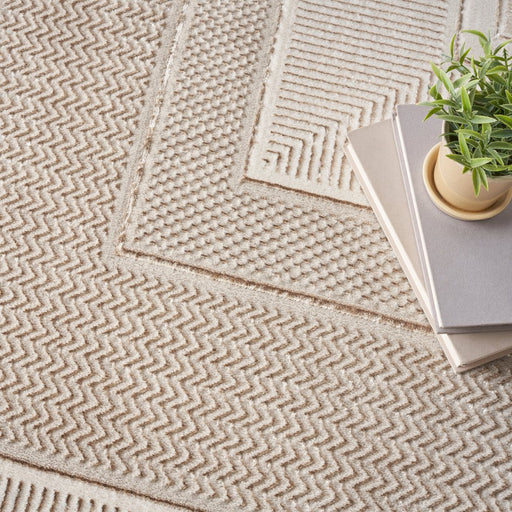Glitz GLZ07 Modern Abstract Geometric Border Distressed Metallic Shimmer Hi-Low Textured Soft-Touch Polyester Ivory Runner