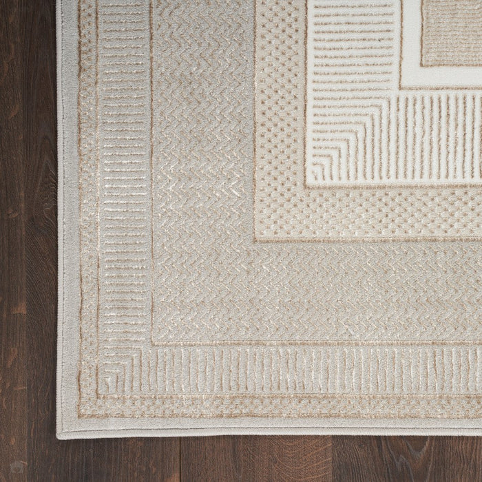 Glitz GLZ07 Modern Abstract Geometric Border Distressed Metallic Shimmer Hi-Low Textured Soft-Touch Polyester Ivory Runner
