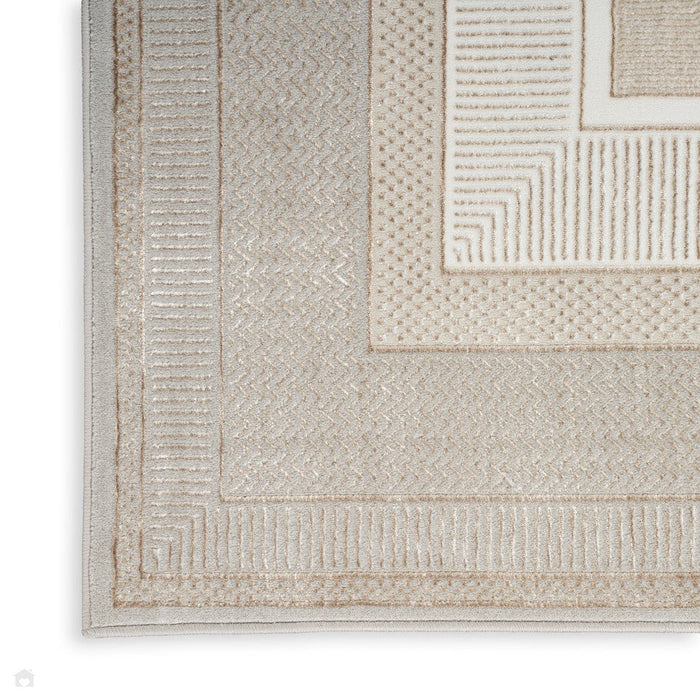 Glitz GLZ07 Modern Abstract Geometric Border Distressed Metallic Shimmer Hi-Low Textured Soft-Touch Polyester Ivory Runner