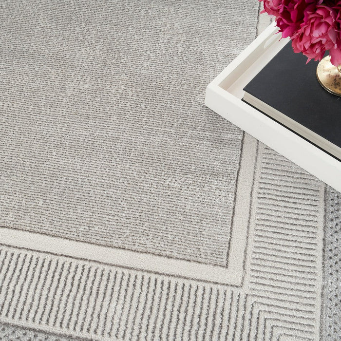 Glitz GLZ07 Modern Abstract Geometric Border Distressed Metallic Shimmer Hi-Low Textured Soft-Touch Polyester Silver Runner