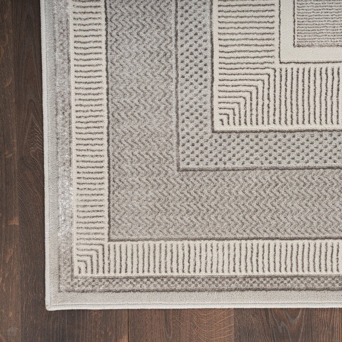 Glitz GLZ07 Modern Abstract Geometric Border Distressed Metallic Shimmer Hi-Low Textured Soft-Touch Polyester Silver Runner