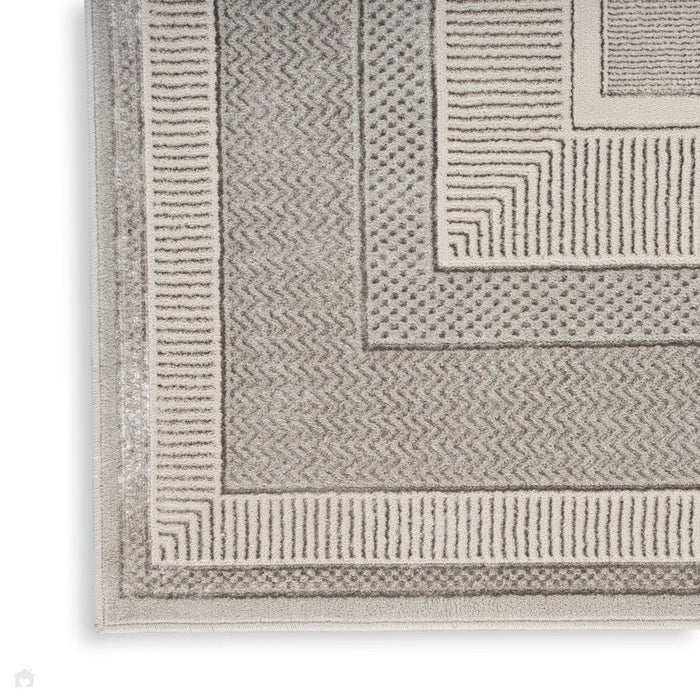 Glitz GLZ07 Modern Abstract Geometric Border Distressed Metallic Shimmer Hi-Low Textured Soft-Touch Polyester Silver Runner