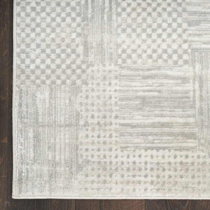 Glitz GLZ09 Modern Abstract Geometric Patchwork Distressed Metallic Shimmer Hi-Low Textured Soft-Touch Polyester Silver/Grey Runner