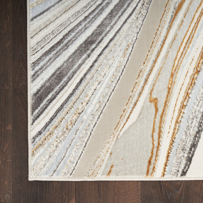 Glitz GLZ21 Modern Abstract Marbled Curve Distressed Metallic Shimmer Hi-Low Textured Soft-Touch Polyester Grey/Gold Rug