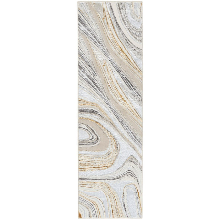 Glitz GLZ21 Modern Abstract Marbled Curve Distressed Metallic Shimmer Hi-Low Textured Soft-Touch Polyester Grey/Gold Rug