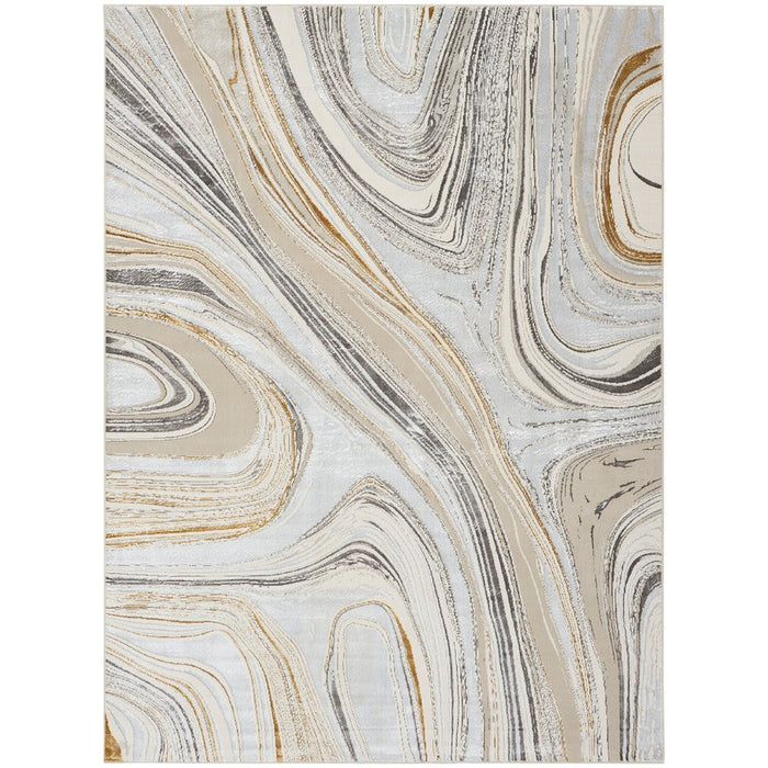 Glitz GLZ21 Modern Abstract Marbled Curve Distressed Metallic Shimmer Hi-Low Textured Soft-Touch Polyester Grey/Gold Rug