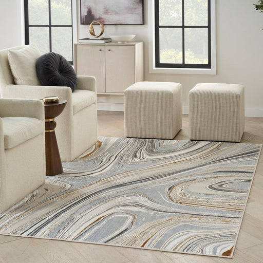 Glitz GLZ21 Modern Abstract Marbled Curve Distressed Metallic Shimmer Hi-Low Textured Soft-Touch Polyester Grey/Gold Rug