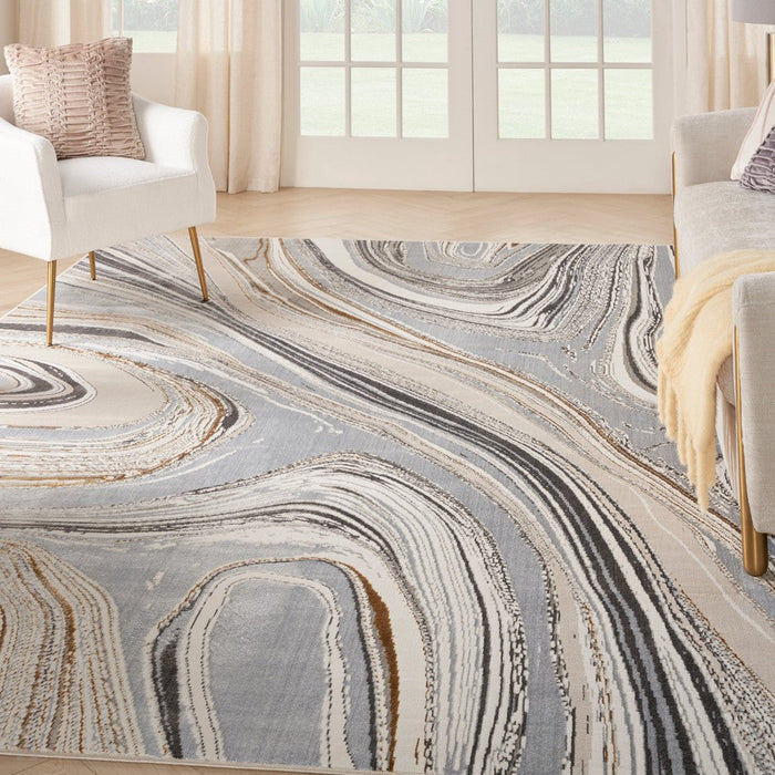 Glitz GLZ21 Modern Abstract Marbled Curve Distressed Metallic Shimmer Hi-Low Textured Soft-Touch Polyester Grey/Gold Rug