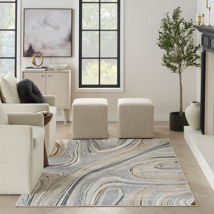 Glitz GLZ21 Modern Abstract Marbled Curve Distressed Metallic Shimmer Hi-Low Textured Soft-Touch Polyester Grey/Gold Rug