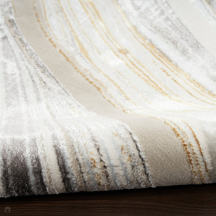 Glitz GLZ21 Modern Abstract Marbled Curve Distressed Metallic Shimmer Hi-Low Textured Soft-Touch Polyester Grey/Gold Runner