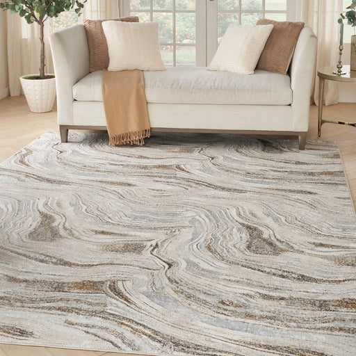 Glitz GLZ22 Modern Abstract Ripple Distressed Metallic Shimmer Hi-Low Textured Soft-Touch Polyester Grey/Gold Rug