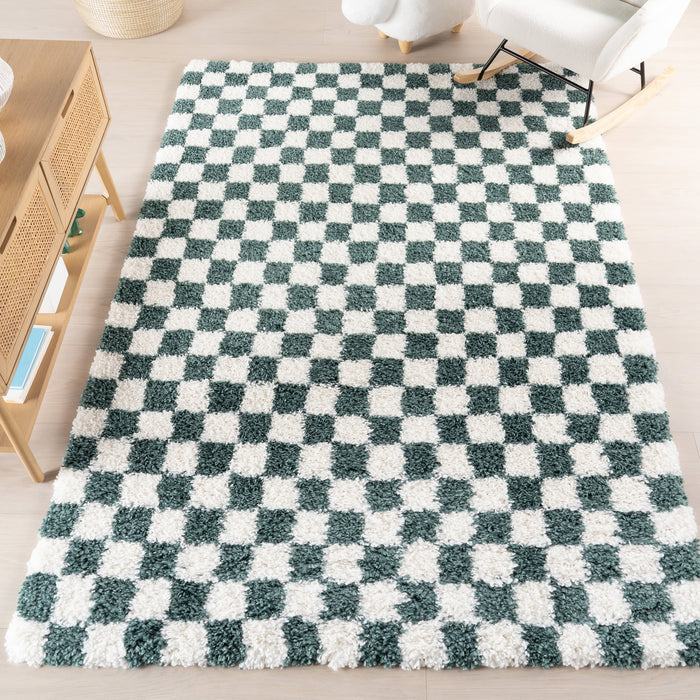 Green Checkered Shag Rug 60x90 cm for Cozy Interior