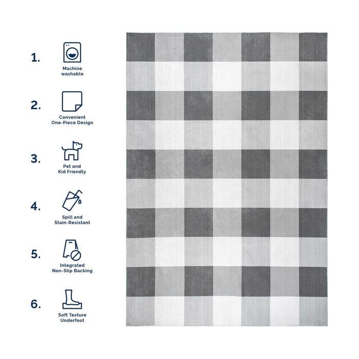 Grey Buffalo Plaid Machine Washable Area Rug 160x230 cm