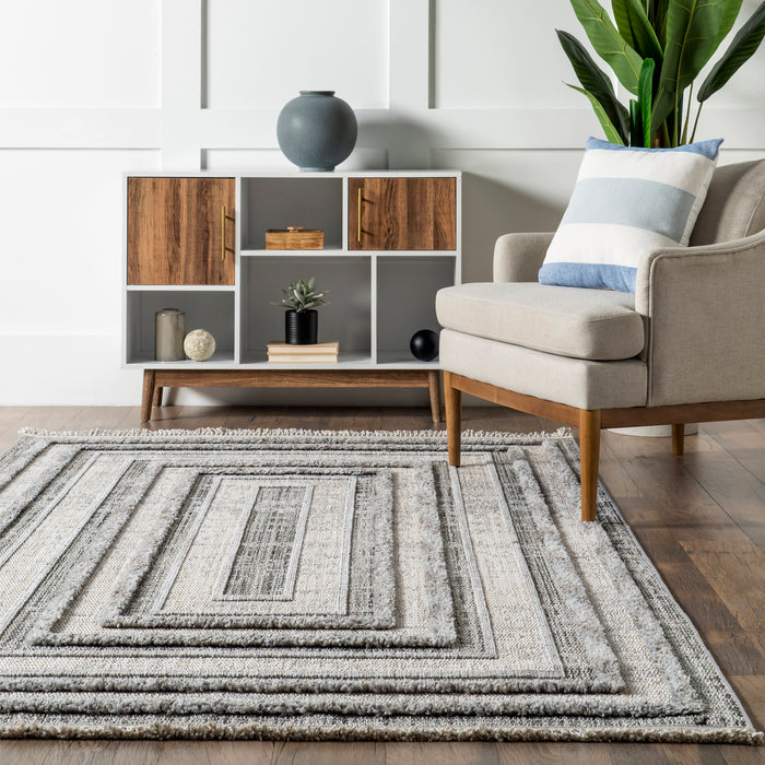 Grey Geometric Border Area Rug for Living Room or Bedroom