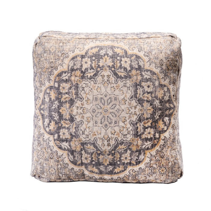 Grey Printed Floor Cushion with Wreath Medallion Design