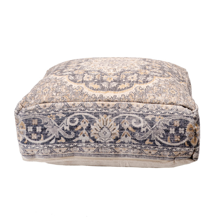 Grey Printed Floor Cushion with Wreath Medallion Design