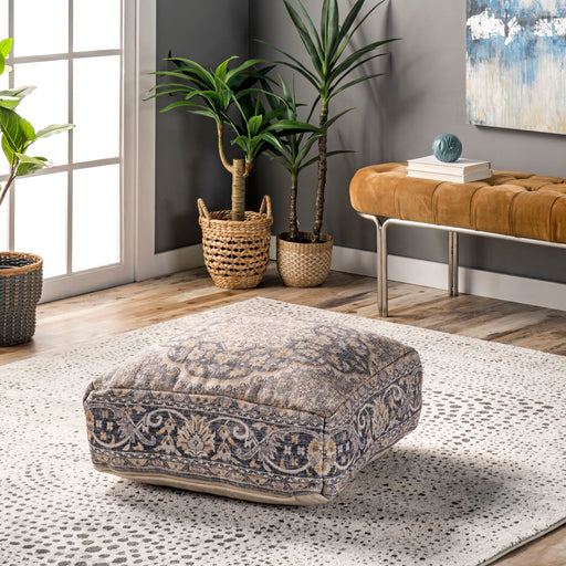 Grey Printed Floor Cushion with Wreath Medallion Design