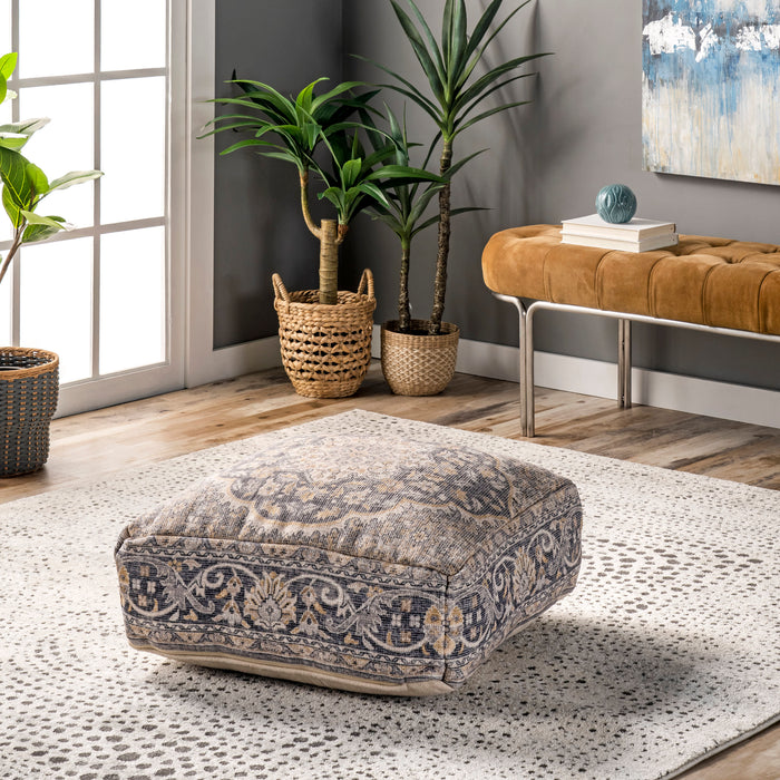Grey Printed Floor Cushion with Wreath Medallion Design