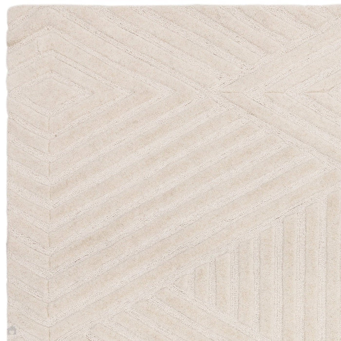 Hague Modern Plain Geometric Hand-Carved Hi-Low 3D Ridged Cut & Loop Textured Wool Ivory Rug