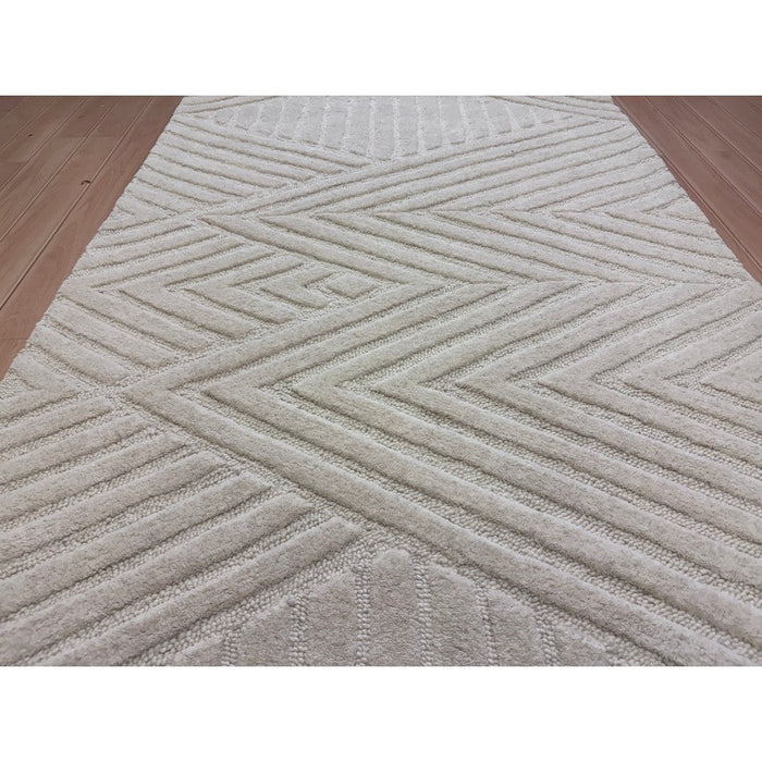 Hague Modern Plain Geometric Hand-Carved Hi-Low 3D Ridged Cut & Loop Textured Wool Ivory Rug