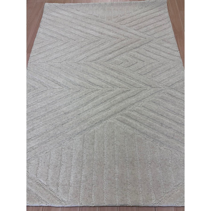 Hague Modern Plain Geometric Hand-Carved Hi-Low 3D Ridged Cut & Loop Textured Wool Ivory Rug