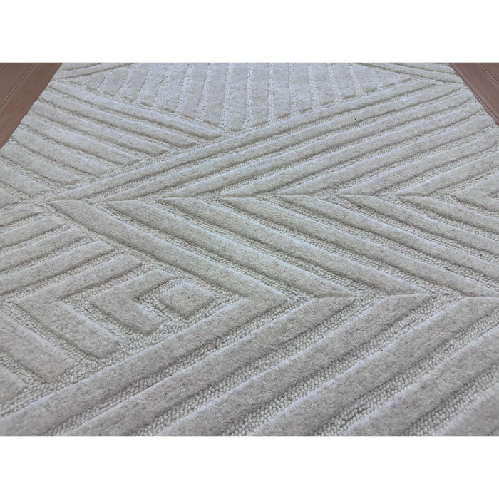 Hague Modern Plain Geometric Hand-Carved Hi-Low 3D Ridged Cut & Loop Textured Wool Ivory Rug