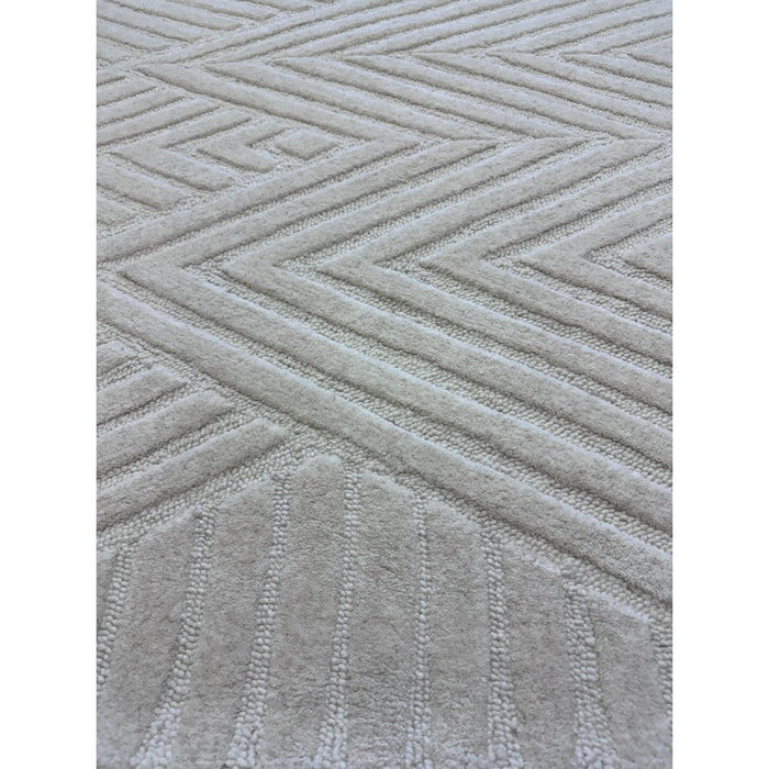 Hague Modern Plain Geometric Hand-Carved Hi-Low 3D Ridged Cut & Loop Textured Wool Ivory Rug