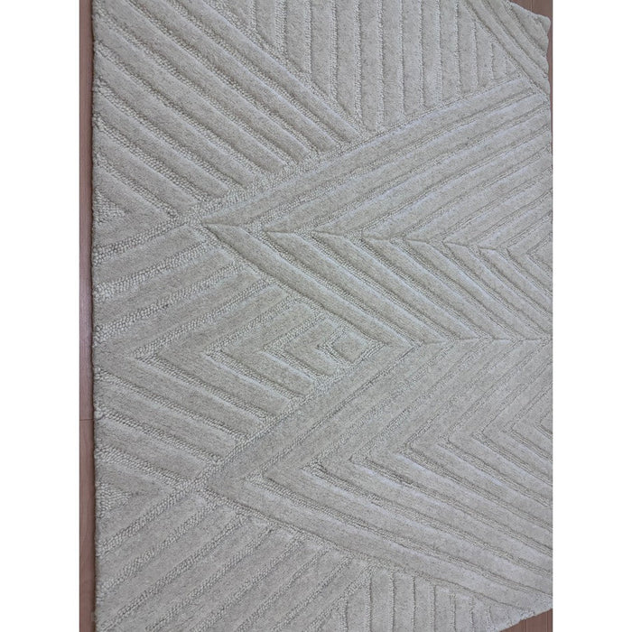 Hague Modern Plain Geometric Hand-Carved Hi-Low 3D Ridged Cut & Loop Textured Wool Ivory Rug