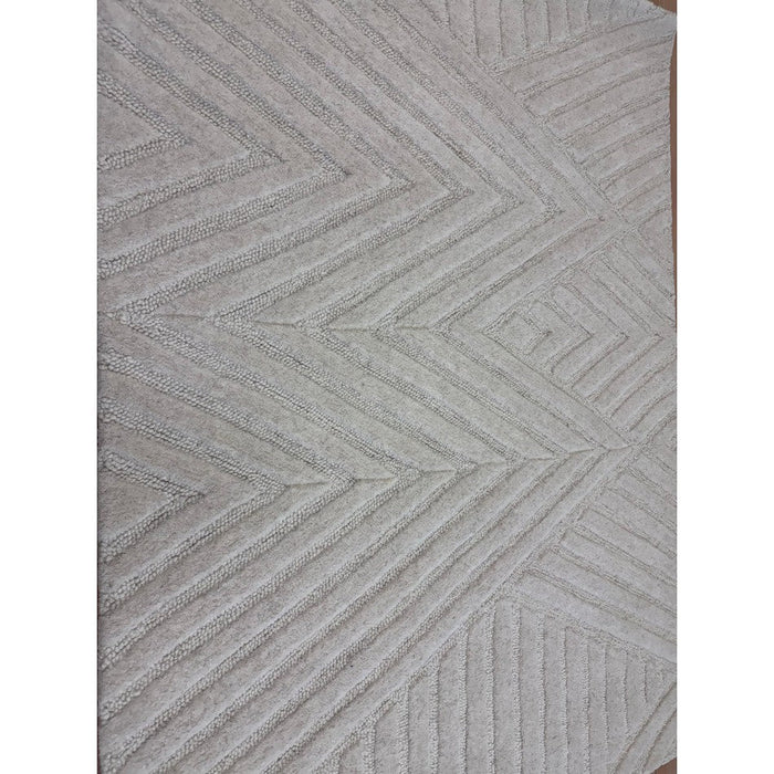 Hague Modern Plain Geometric Hand-Carved Hi-Low 3D Ridged Cut & Loop Textured Wool Ivory Rug