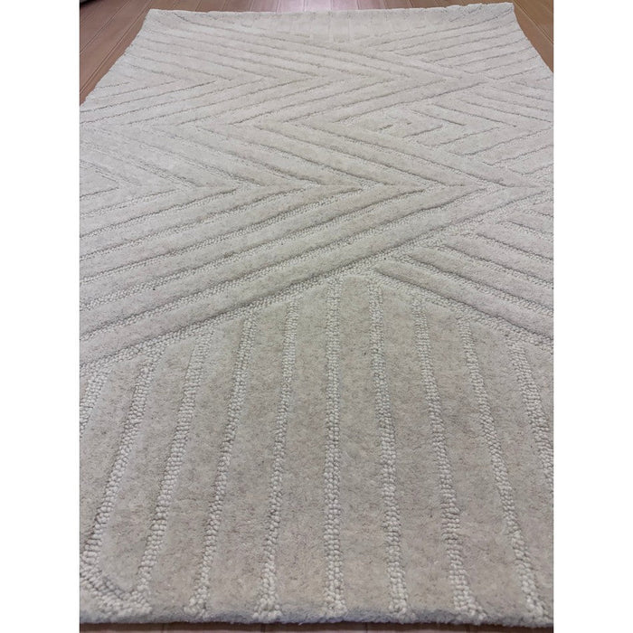 Hague Modern Plain Geometric Hand-Carved Hi-Low 3D Ridged Cut & Loop Textured Wool Ivory Rug