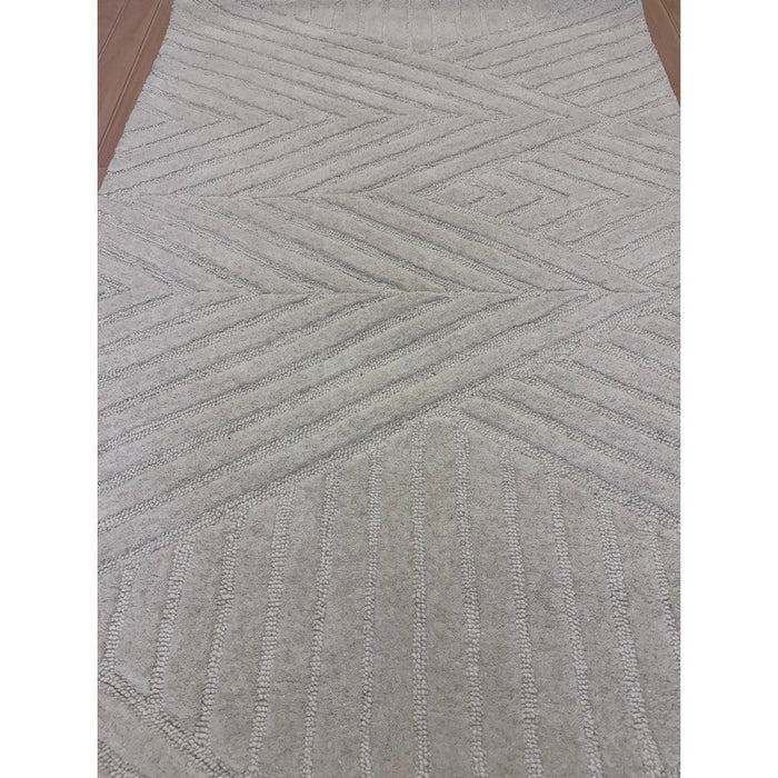 Hague Modern Plain Geometric Hand-Carved Hi-Low 3D Ridged Cut & Loop Textured Wool Ivory Rug