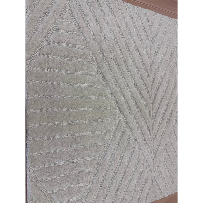 Hague Modern Plain Geometric Hand-Carved Hi-Low 3D Ridged Cut & Loop Textured Wool Ivory Rug