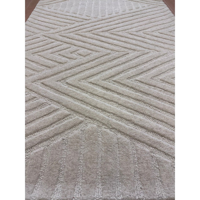 Hague Modern Plain Geometric Hand-Carved Hi-Low 3D Ridged Cut & Loop Textured Wool Ivory Rug