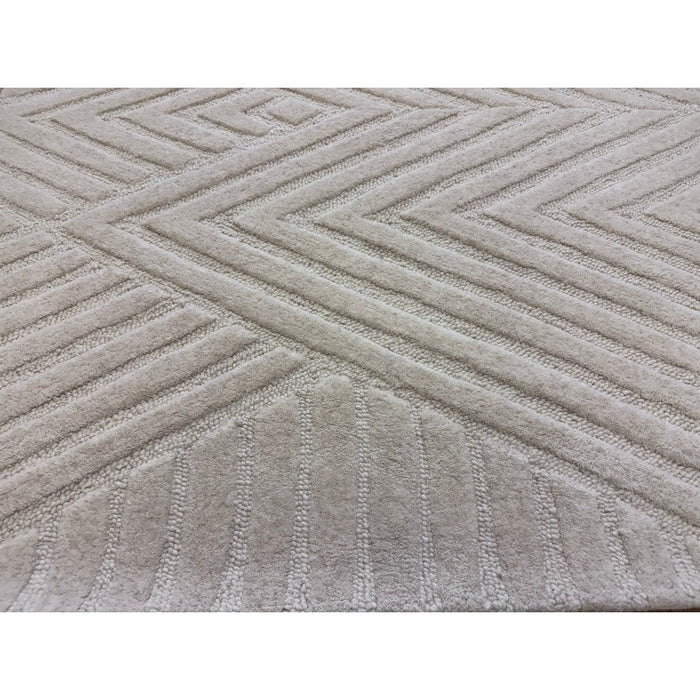 Hague Modern Plain Geometric Hand-Carved Hi-Low 3D Ridged Cut & Loop Textured Wool Ivory Rug