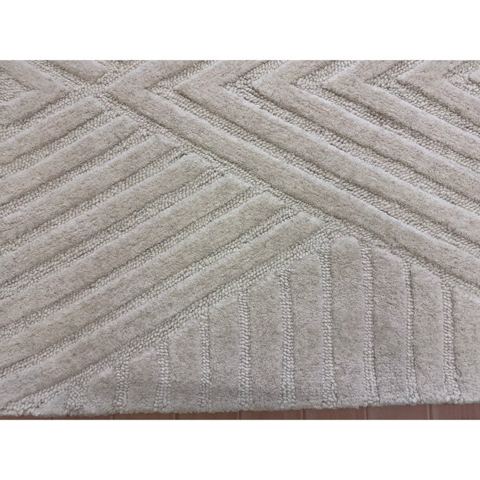 Hague Modern Plain Geometric Hand-Carved Hi-Low 3D Ridged Cut & Loop Textured Wool Ivory Rug