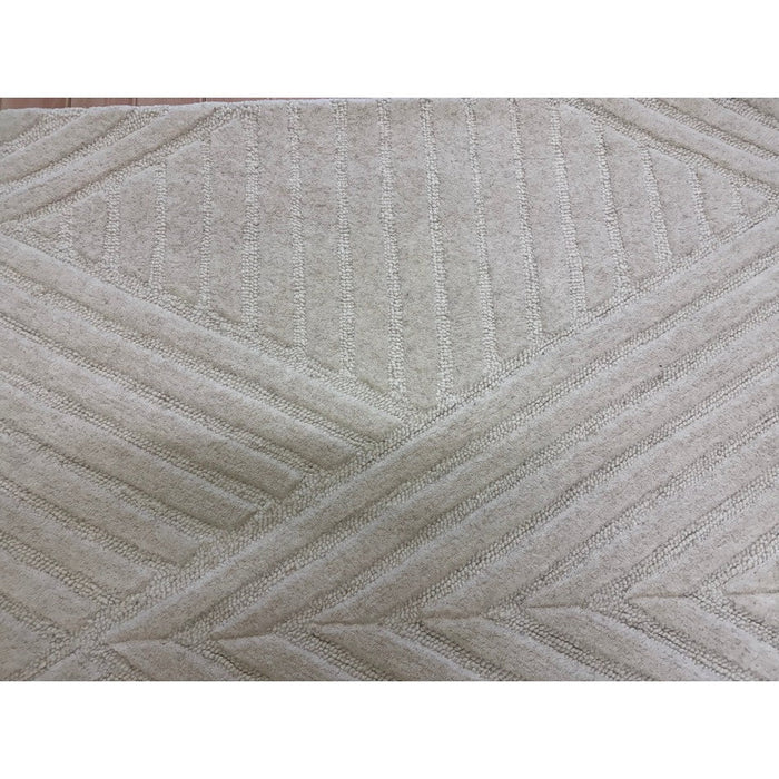 Hague Modern Plain Geometric Hand-Carved Hi-Low 3D Ridged Cut & Loop Textured Wool Ivory Rug