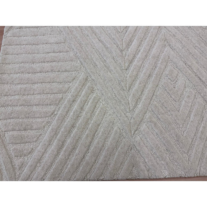 Hague Modern Plain Geometric Hand-Carved Hi-Low 3D Ridged Cut & Loop Textured Wool Ivory Rug