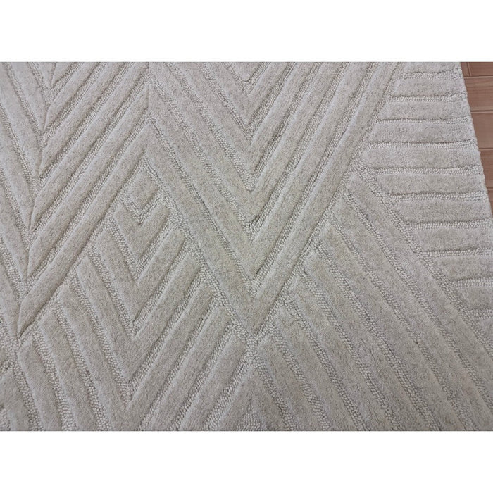 Hague Modern Plain Geometric Hand-Carved Hi-Low 3D Ridged Cut & Loop Textured Wool Ivory Rug