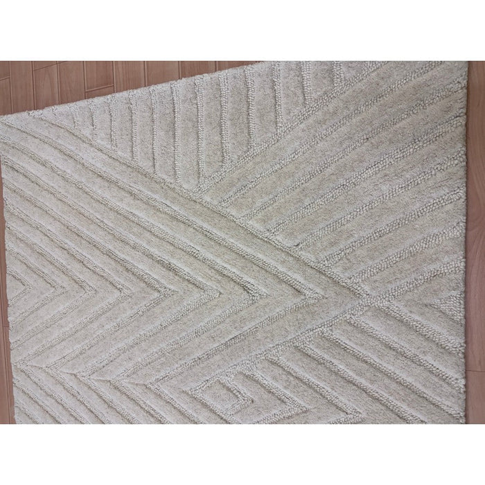 Hague Modern Plain Geometric Hand-Carved Hi-Low 3D Ridged Cut & Loop Textured Wool Ivory Rug