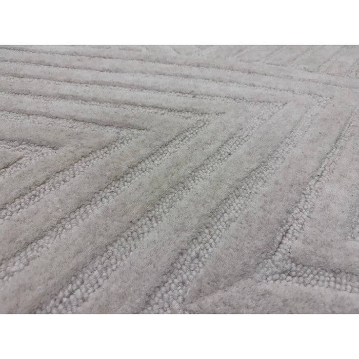 Hague Modern Plain Geometric Hand-Carved Hi-Low 3D Ridged Cut & Loop Textured Wool Ivory Rug