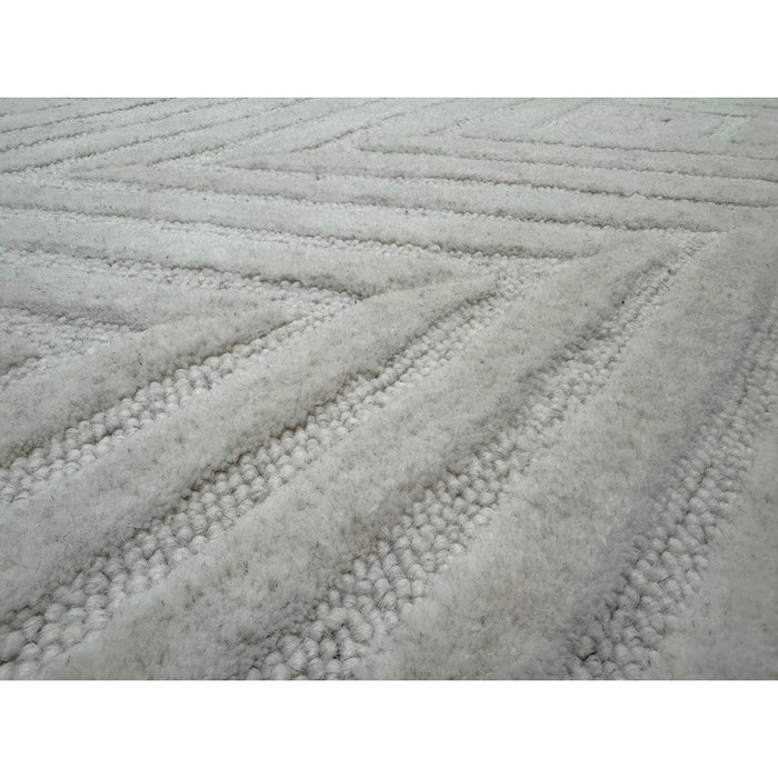 Hague Modern Plain Geometric Hand-Carved Hi-Low 3D Ridged Cut & Loop Textured Wool Ivory Rug