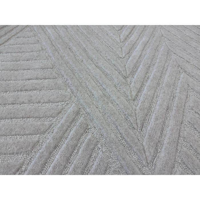 Hague Modern Plain Geometric Hand-Carved Hi-Low 3D Ridged Cut & Loop Textured Wool Ivory Rug