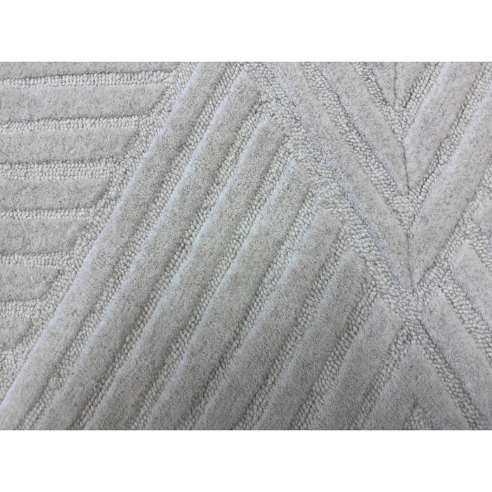 Hague Modern Plain Geometric Hand-Carved Hi-Low 3D Ridged Cut & Loop Textured Wool Ivory Rug