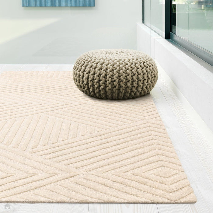 Hague Modern Plain Geometric Hand-Carved Hi-Low 3D Ridged Cut & Loop Textured Wool Ivory Rug