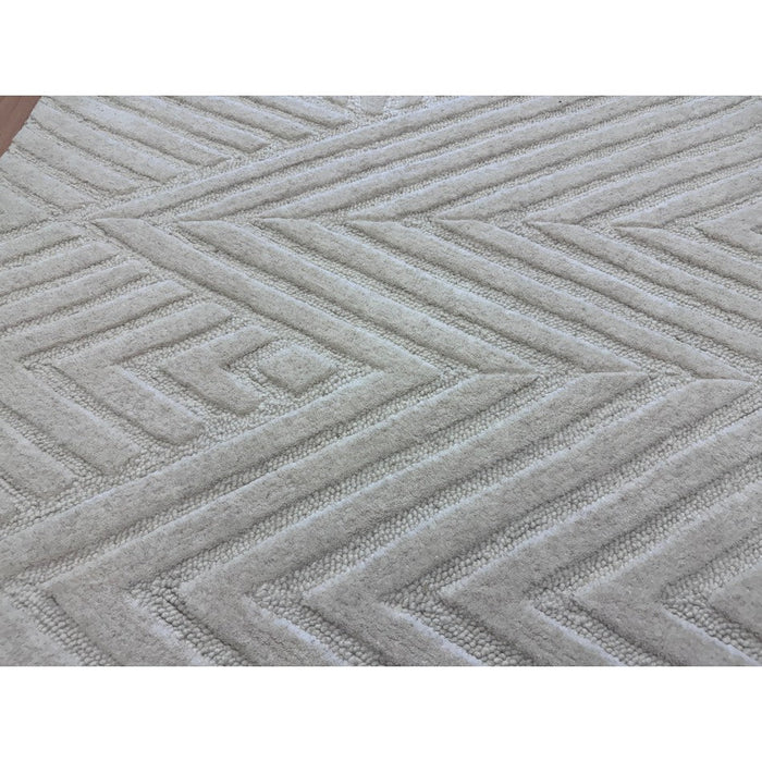 Hague Modern Plain Geometric Hand-Carved Hi-Low 3D Ridged Cut & Loop Textured Wool Ivory Rug