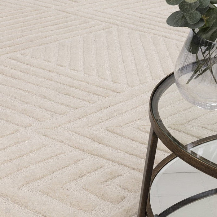 Hague Modern Plain Geometric Hand-Carved Hi-Low 3D Ridged Cut & Loop Textured Wool Ivory Rug